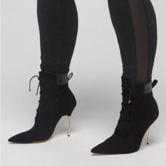 GOOD AMERICAN Black Suede Stiletto Lace Up Ankle Boot Bootie Hiking Size 5.5 New - Picture 4 of 11